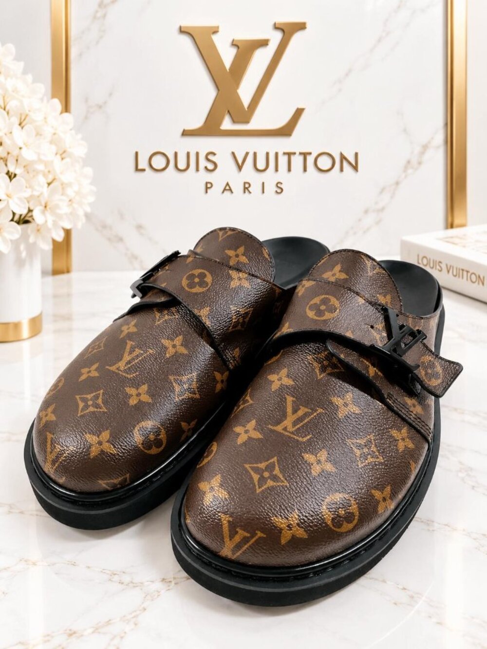 Authentic Louis Vuitton LV Monogram Buckle Mule Clogs Brown Black Luxury Shoes